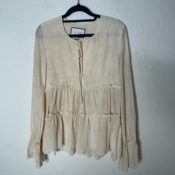 Alexis Silk Tunic Peasant Top Flare Sleeve Size XS Tiered Tie Front Cream - Picture 1 of 10